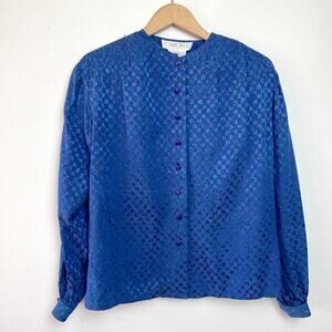 Vintage 80s 90s Silk Button Up Blouse Top Large Cobalt‎ Secretary Retro Office